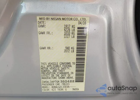 2016 Nissan Altima 2.5/2.5 S/2.5 Sl/2.5 Sr/2.5 Sv z USA, uszkodzony, nr VIN 1N4AL3AP7GN360488